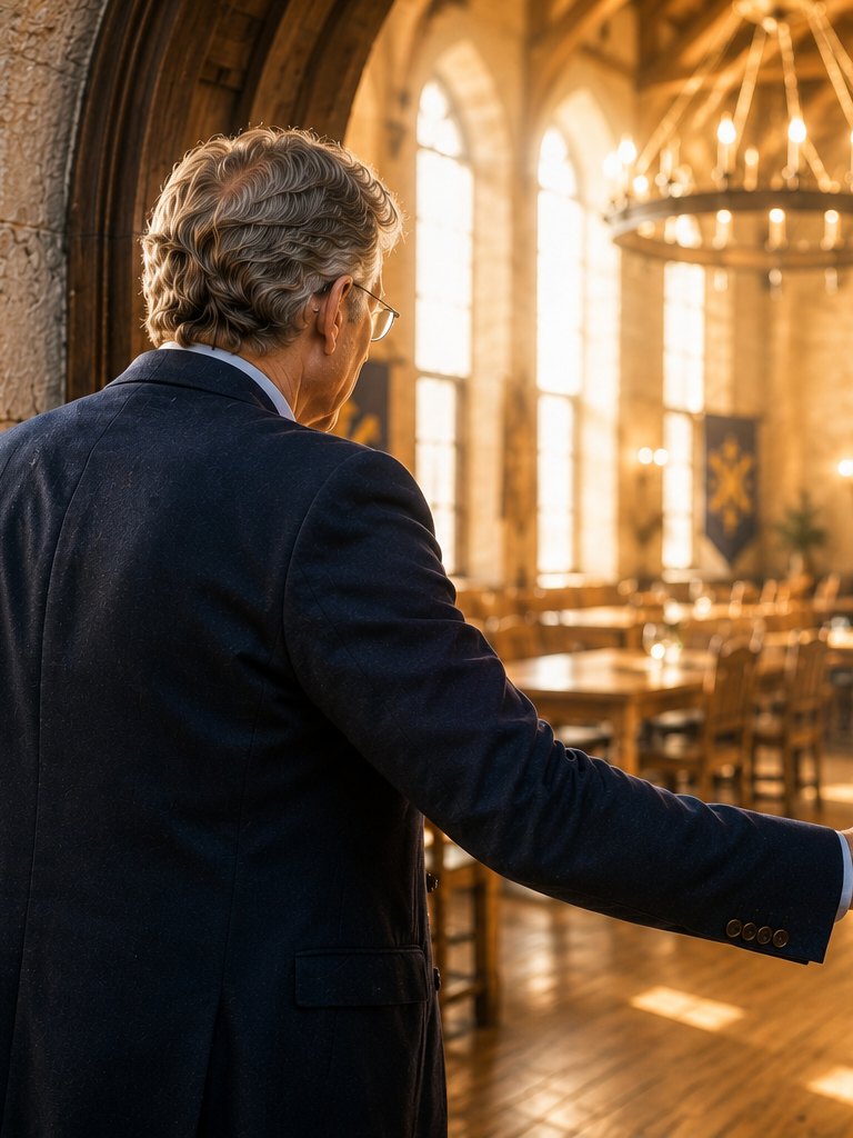 Eine sich öffnende Tür in einen warm erleuchteten Saal — Einladung zu einem besonderen Abend